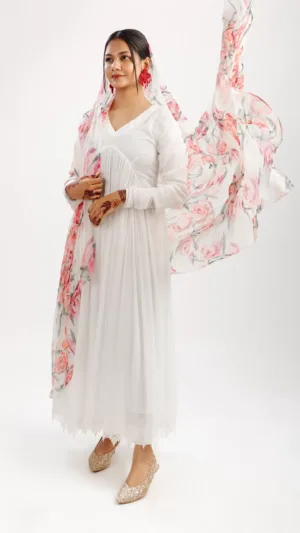 White Anarkali with Floral dupatta