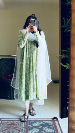 Candy green cottonAnarkali