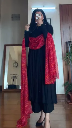 Black Anarkali - Red Dupatta