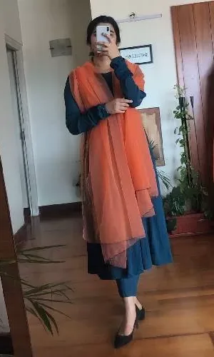 Teel Blue Anarkali- Organaza Dupatta