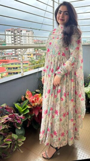 Beige Floral Anarkali Set