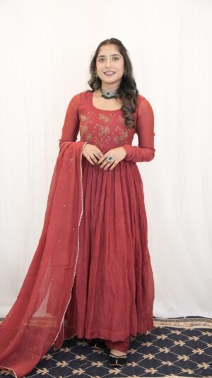 Maroon Rosette Anarkali – Timeless Elegance for Celebrations