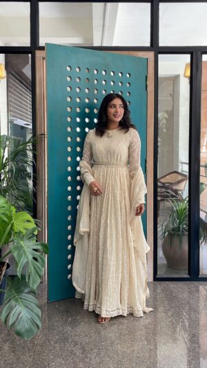 Pearl White Anarkali – Timeless Grace in Every Detail