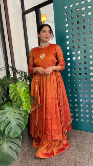 Shimmer Rust Anarkali – A Luxe Festive Statement