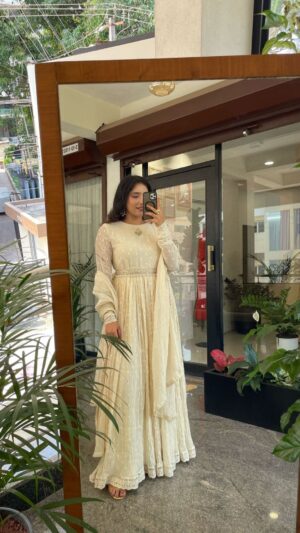 Pearl White Anarkali with Belt – Timeless Grace with a Luxe Touch