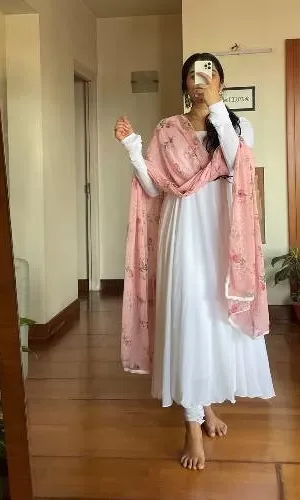 White Georgette Anarkali with Floral Dupatta