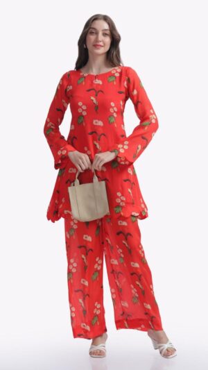 Red Motif Printed Chinnon Co-Ord Set