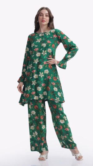 Forest Green Printed Crepe Silk Co-Ord Set