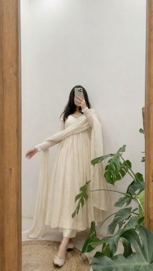 Ivory Chanderi Mul Silk Anarkali Set with Handworked Neckline