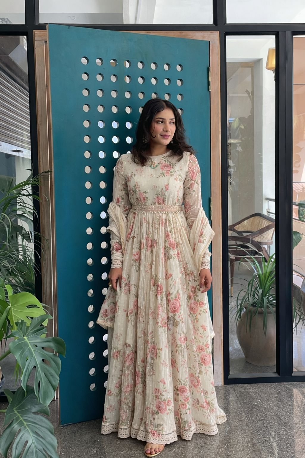 Naaz Ivory Floral A-Line Anarkali